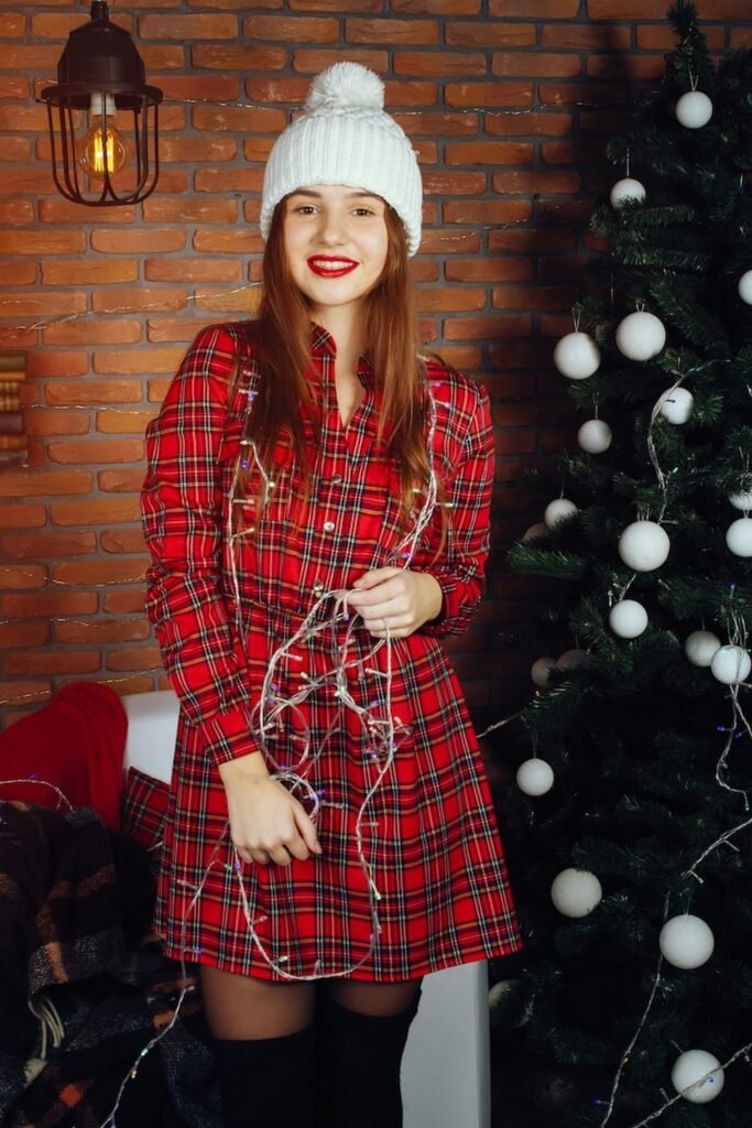 Red Plaid Shirtdress + Black Over-the-Knee Boots + White Knit Beanie