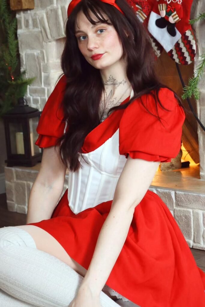 Red Puff-Sleeve Dress + White Corset Bodice + White Thigh-High Socks