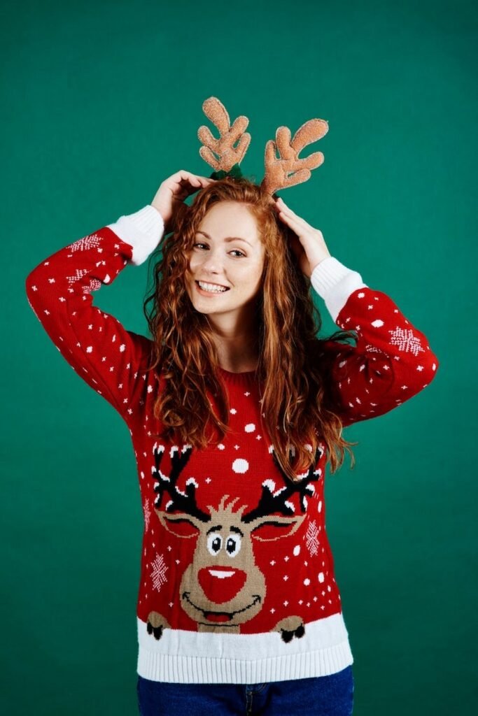 Red Reindeer Christmas Sweater + Denim Jeans + Reindeer Antlers Headband