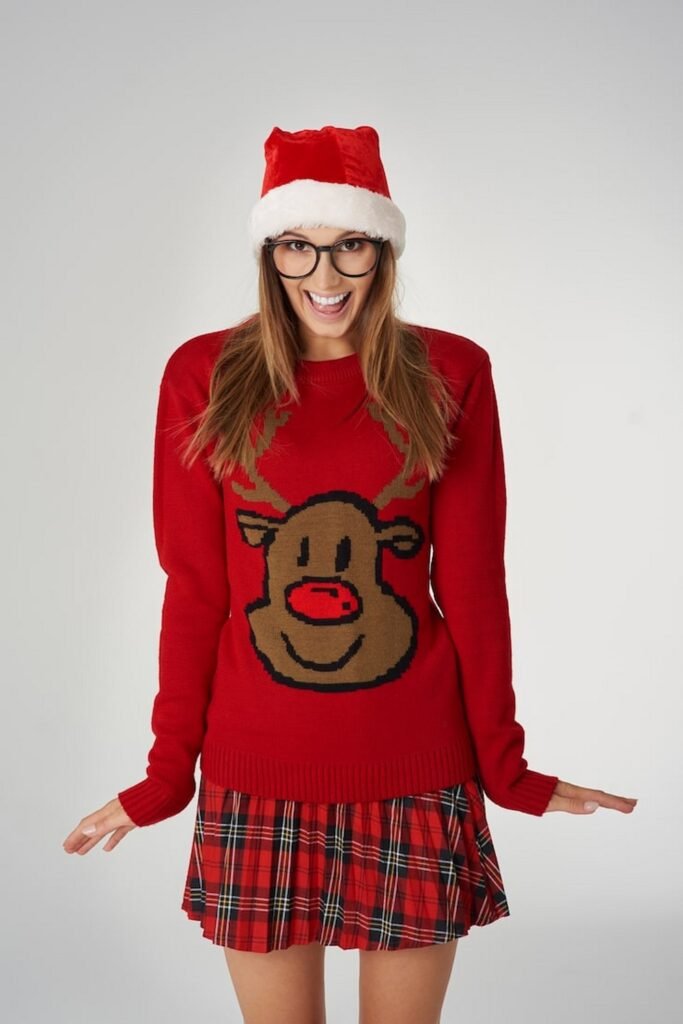Red Reindeer Christmas Sweater + Red Plaid Mini Skirt + Santa Hat + Glasses