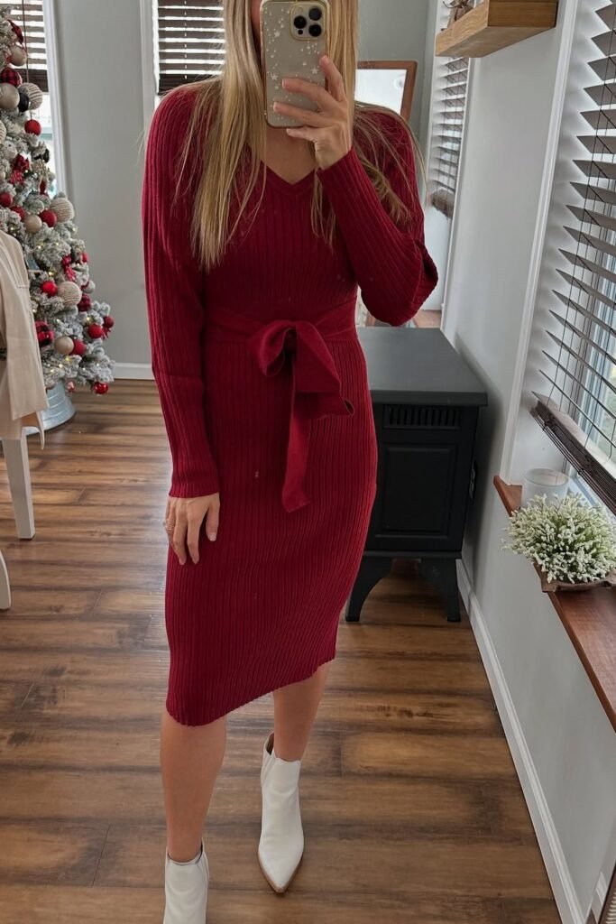 Red Ribbed Knit Tie-Waist Midi Dress + White Pointed Ankle Boots