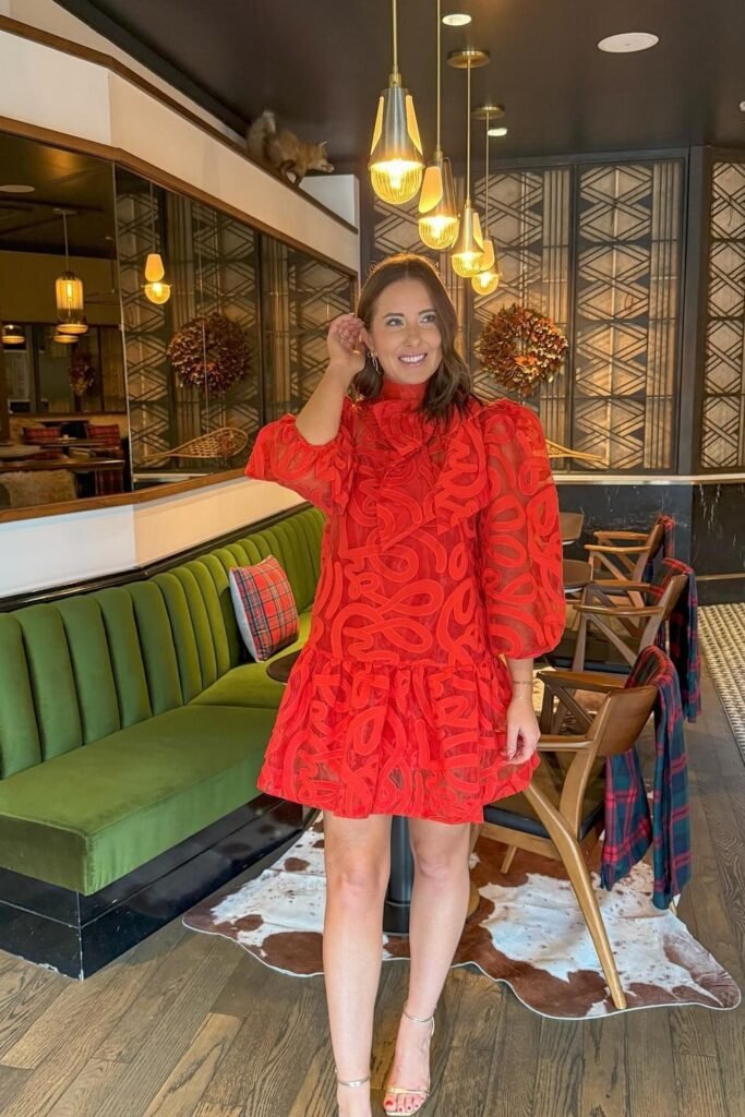 Red Ruffled Mini Dress with Sheer Geometric Overlays + Gold Ankle-Strap Heels