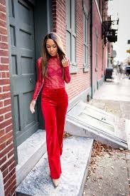 Red Sheer Long-Sleeve Top + Red Velvet Wide-Leg Trousers + Nude Pointed-Toe Heels