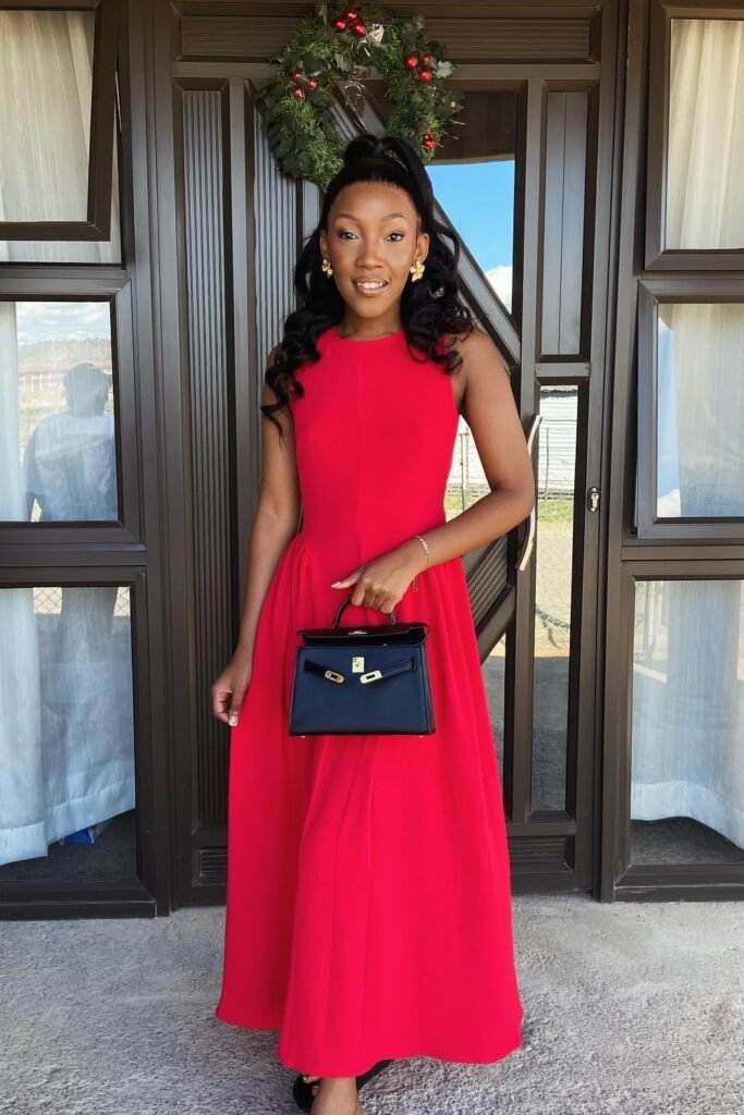 Red Sleeveless Maxi Dress + Black Mini Handbag + Gold Drop Earrings
