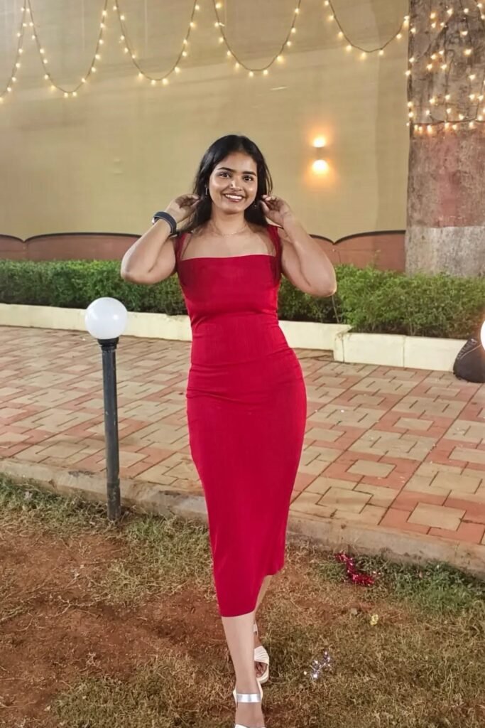 Red Square Neck Ribbed Midi Dress + White Sandals + Outdoor Evening Lighting