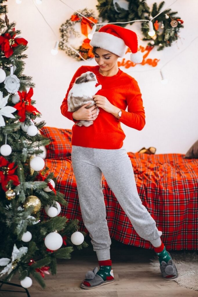 Red Sweater + Grey Jogger Sweatpants + Santa Hat + Festive Slippers