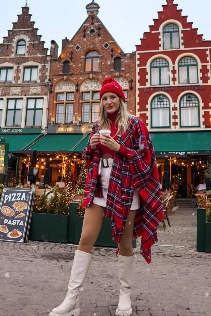 Red Turtleneck + White Shorts + Red Plaid Poncho + White Knee-High Boots + Red Beanie