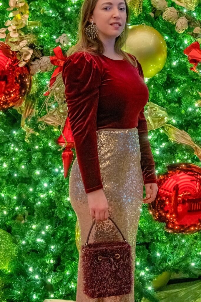 Red Velvet Puff-Sleeve Top + Gold Sequin Pencil Skirt + Jewel Tone Bag