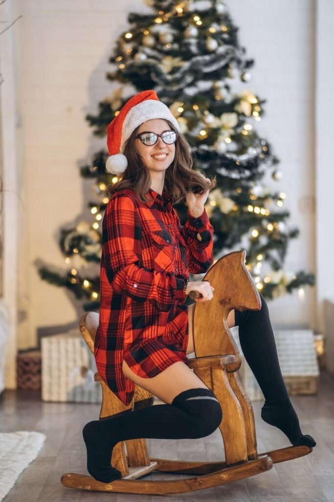 Red and Black Plaid Shirt Dress + Black Thigh-High Socks + Santa Hat