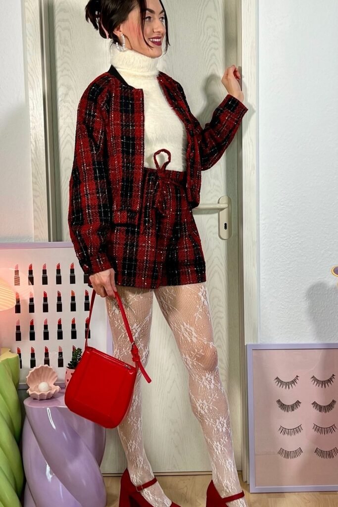Red and Black Plaid Tweed Jacket and Matching Shorts Set + Cream Fluffy Turtleneck + White Lace Patterned Tights + Red Mary Jane Heels + Red Patent Leather Bag