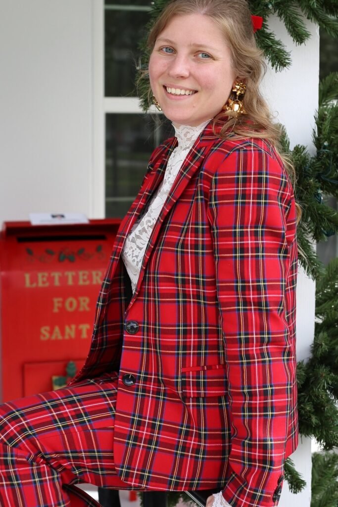 Red and Black Tartan Plaid Suit (Blazer and Trousers) + White Lace Turtleneck + Gold Statement Earrings