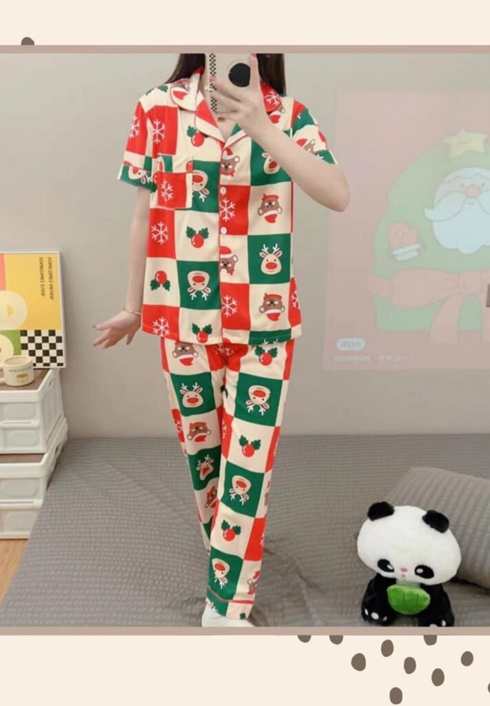 Red and Green Plaid Christmas Print Pajamas + White Sneakers