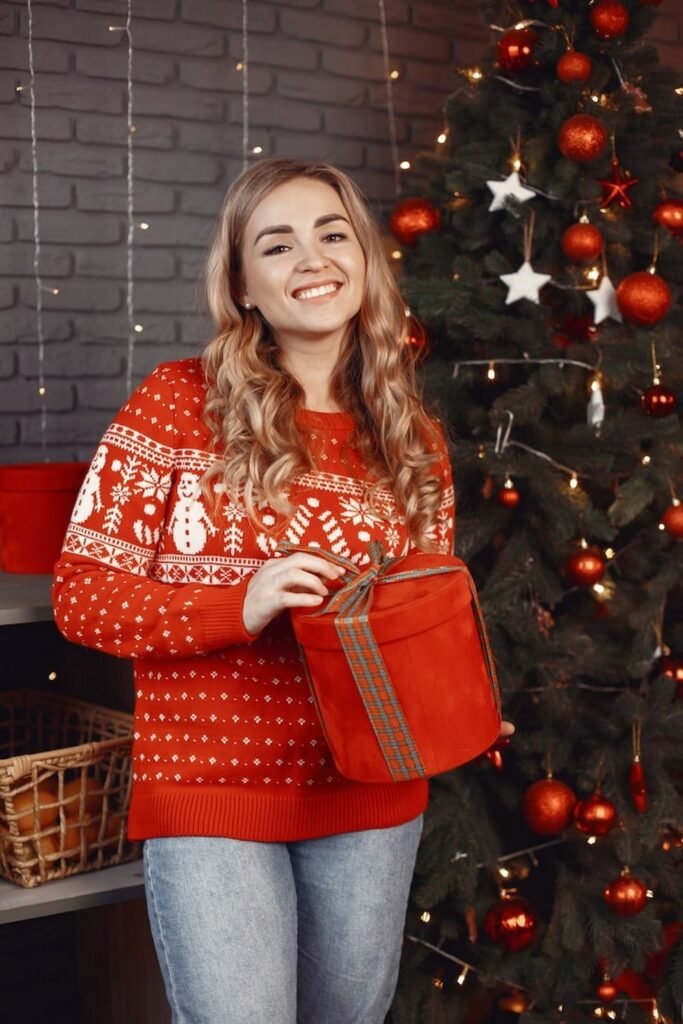 Red and White Fair Isle Christmas Sweater + Light Wash Jeans