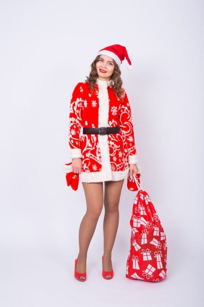 Red and White Faux Fur Santa Dress + Black Belt + Red Peep-Toe Heels + Santa Hat