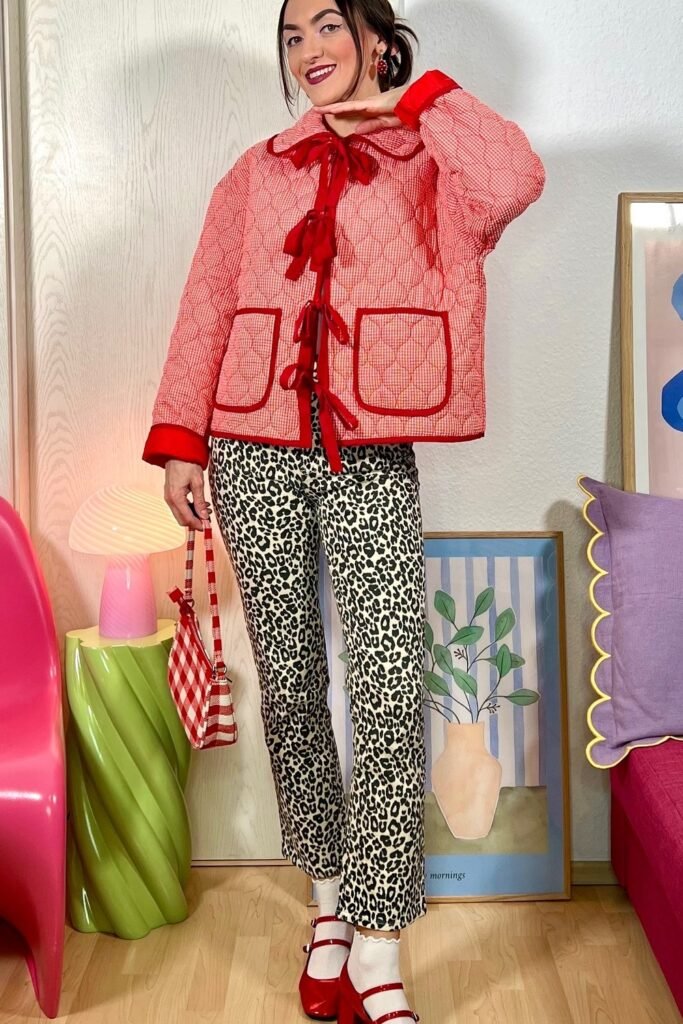 Red and White Gingham Quilted Jacket with Red Bows + Leopard Print Trousers + Red Mary Jane Heels + White Socks + Gingham Bag