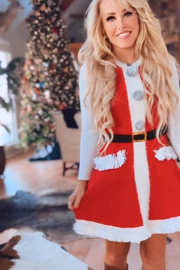 Red and White Santa-Themed Sweater Dress + Black Belt