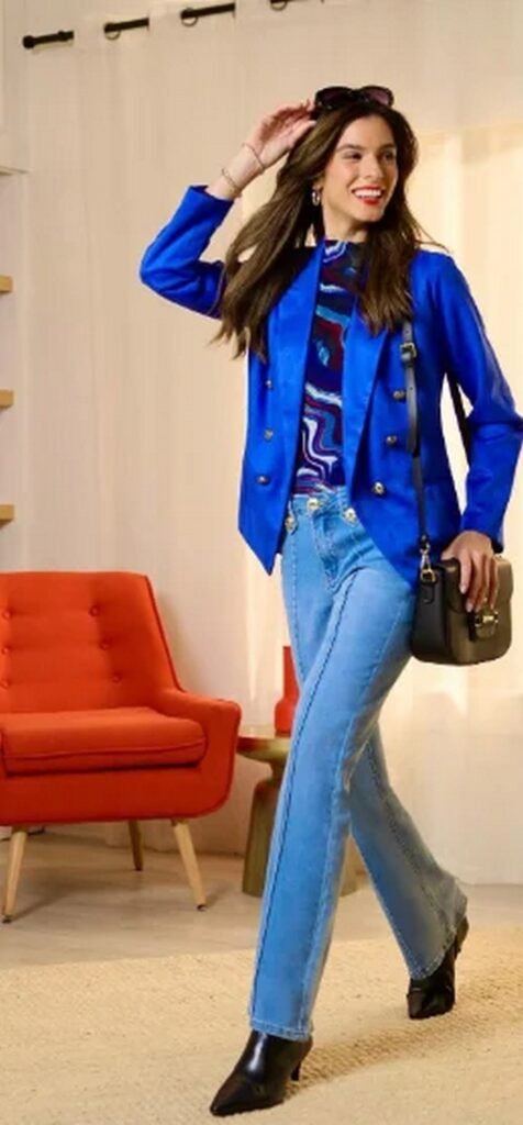 Royal Blue Blazer + Blue Abstract Print Top + Light Wash Flare Jeans + Black Ankle Boots + Black Crossbody Bag