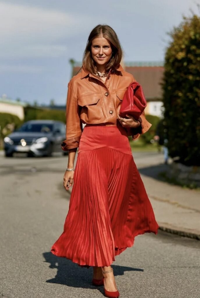 Rust Orange Leather Button-Up + Red Pleated Midi Skirt + Red Heels
