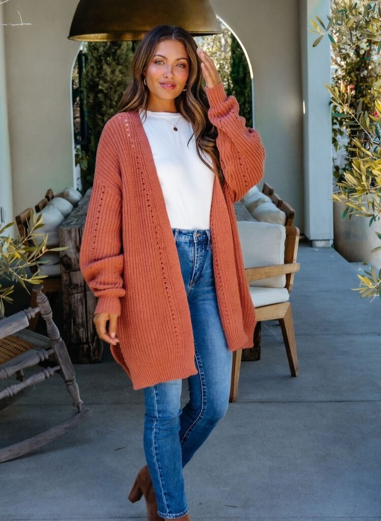 Rust Oversized Knit Cardigan + White Tee + Blue Skinny Jeans + Brown Ankle Boots