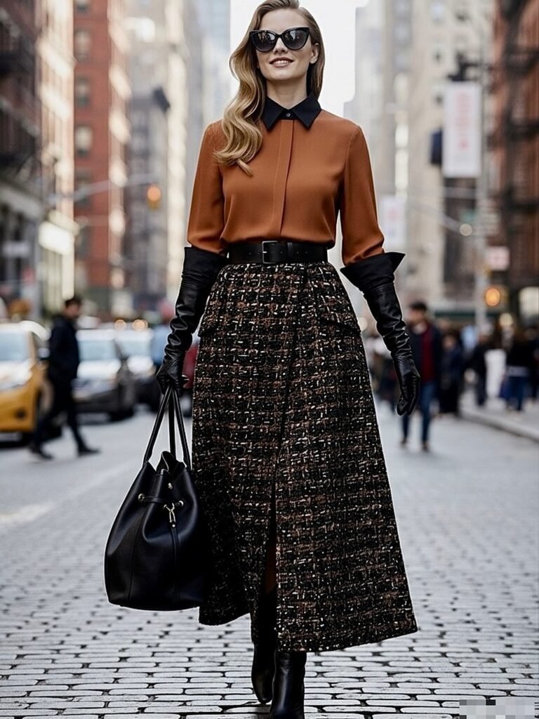 Rust Satin Shirt + Black Collar Detail + Tweed Maxi Skirt + Black Waist Belt + Black Gloves + Black Tote Bag