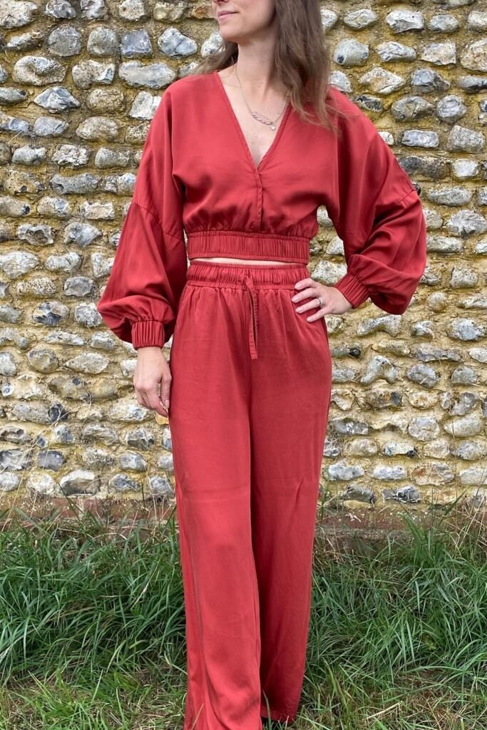 Rust V-Neck Blouse with Balloon Sleeves + Matching Wide-Leg Trousers