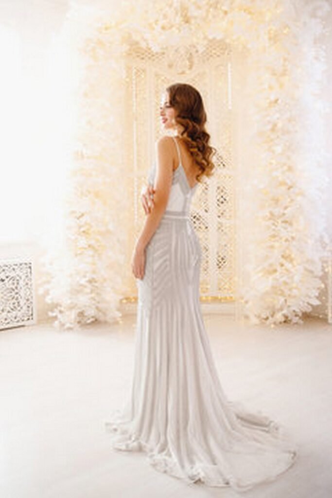 Silver Art Deco Beaded Gown with Thin Straps