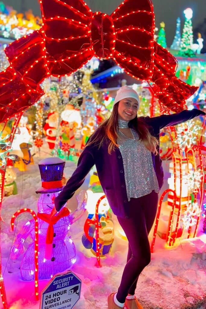 Silver Sequin Halter Top + Navy Cardigan + Dark Leggings + White Beanie
