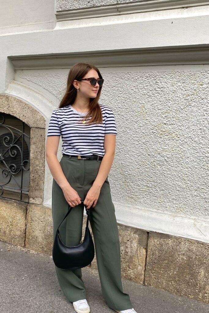 Striped T-Shirt + Olive Green Wide-Leg Trousers + Black Belt + White Sneakers