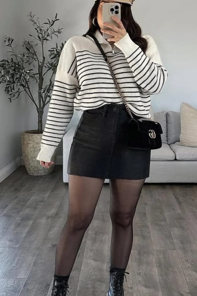 Striped Zip-Up Sweater + Black Denim Mini Skirt + Black Tights + Combat Boots