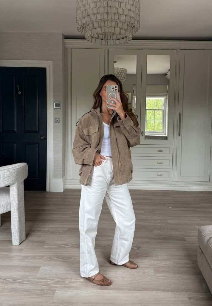 Suede Jacket and White Linen Look