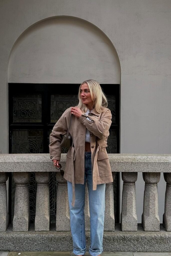 Tan Belted Utility Jacket + White Crop Top + Light Wash Straight Jeans