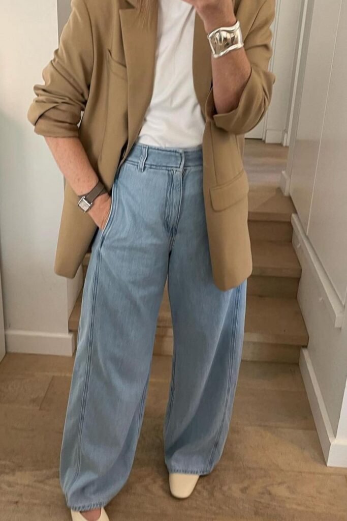 Tan Blazer + White T-shirt + Light Wash Wide-Leg Jeans + White Flats