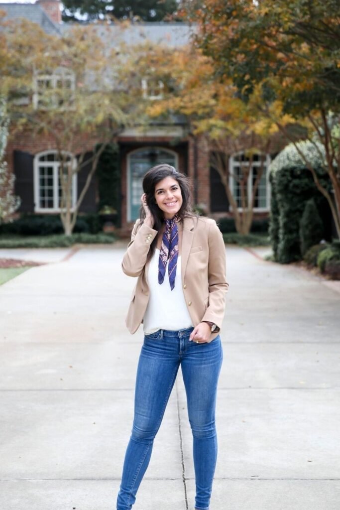 Tan Blazer + White Top + Medium Wash Skinny Jeans + Navy and Pink Scarf