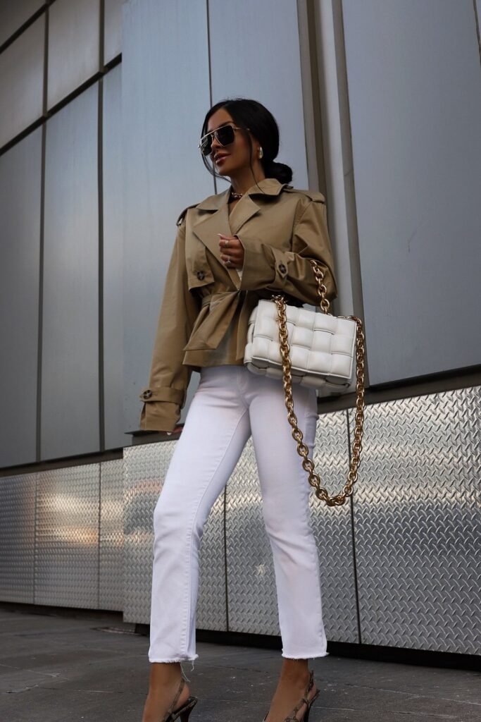 Tan Cropped Trench Jacket + White Cropped Jeans + Quilted White Chain Bag + Slingback Heels