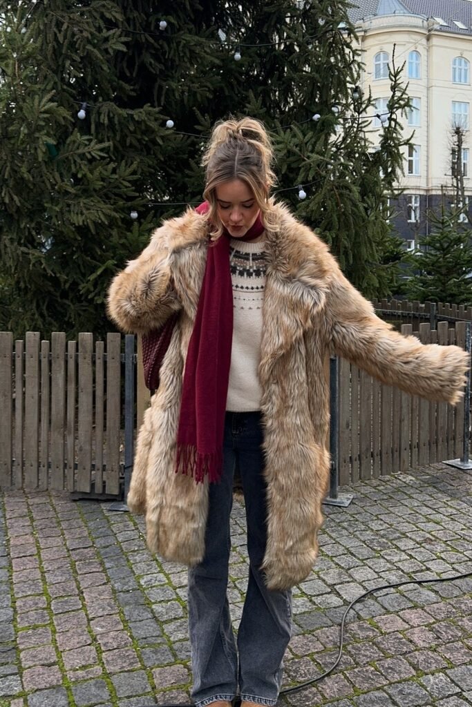 Tan Faux Fur Coat + Fair Isle Sweater + Dark Grey Wide-Leg Jeans