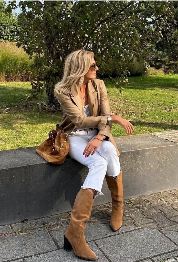 Tan Faux Leather Trench Coat + White Tank Top + Distressed White Jeans + Brown Suede Knee-High Boots