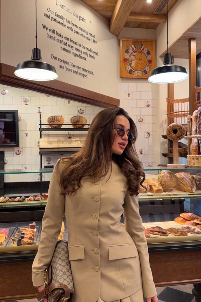 Tan Fitted Blazer-Dress + Dark Sunglasses + Gucci Monogram Bag