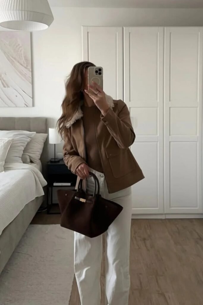 Tan Fleece-Collar Jacket + Brown Knit Top + White Wide-Leg Jeans + Dark Brown Suede Handbag