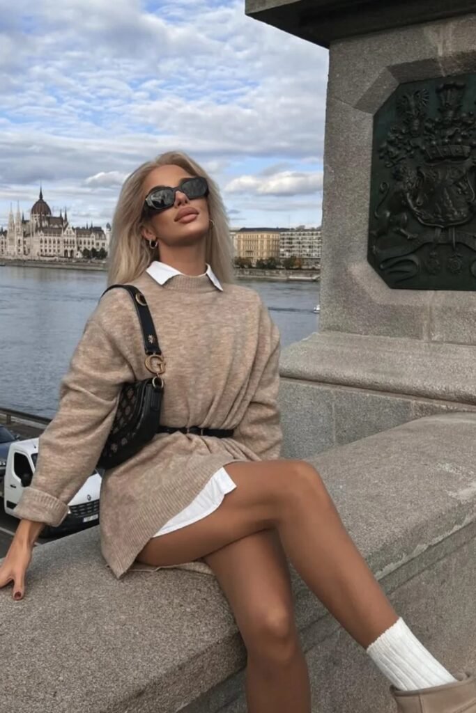 Tan Knit Tunic Sweater + White Collared Shirt Dress + Black Belt