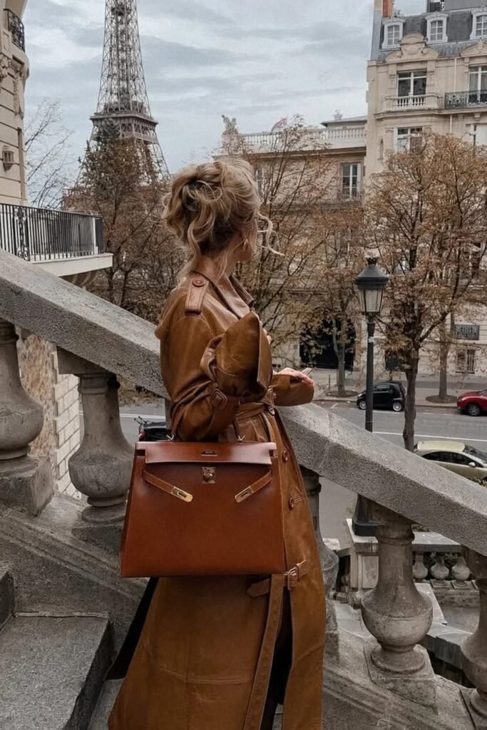 Tan Leather Trench Coat + Brown Leather Bag + Gold Jewelry