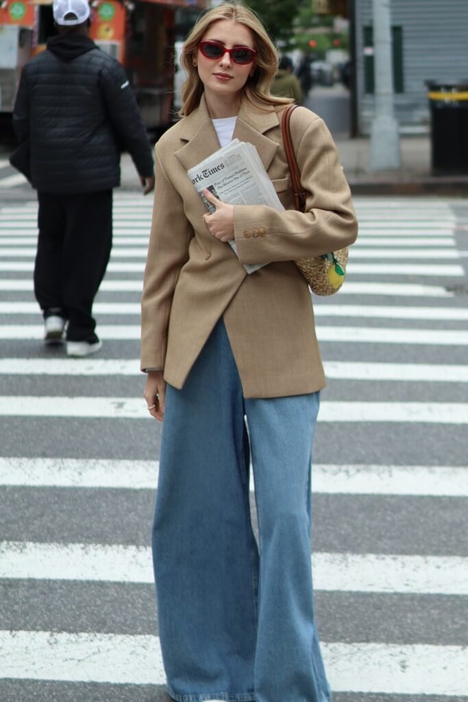 Tan Oversized Blazer + White T-shirt + Medium Wash Wide-Leg Jeans + Woven Shoulder Bag