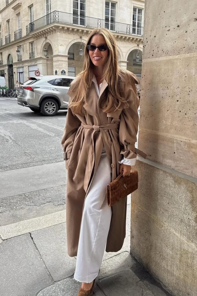 Tan Oversized Trench Coat + White Collared Shirt + White Wide-Leg Trousers + Brown Suede Clutch