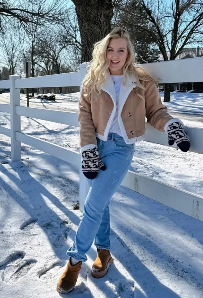 Tan Shearling Cropped Jacket + White T-Shirt + Light Wash Straight Jeans + Brown Ankle Boots