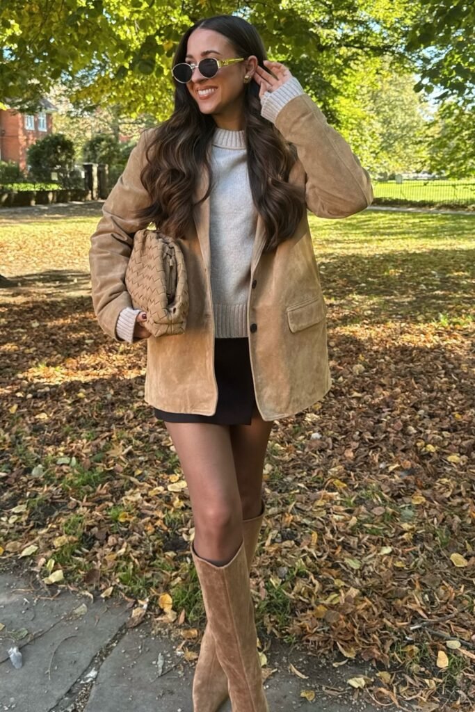 Tan Suede Blazer + Light Grey Sweater + Black Mini Skirt + Suede Knee-High Boots