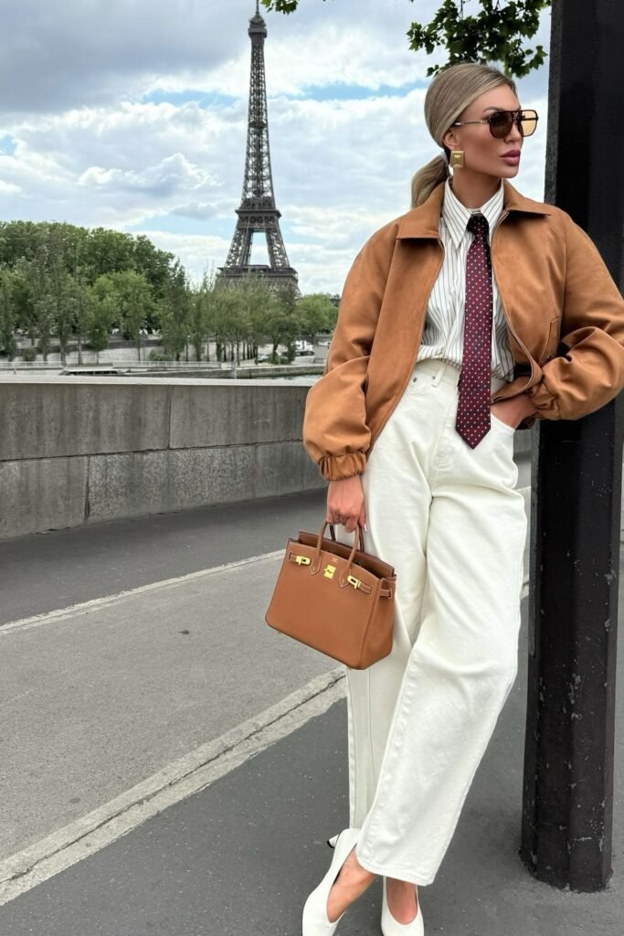 Tan Suede Bomber Jacket + Striped Shirt + Burgundy Polka Dot Tie + White Wide-Leg Jeans + Brown Handbag