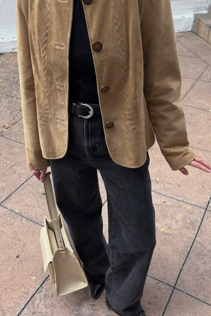 Tan Suede Jacket + Black Turtleneck + Dark Flared Jeans + Black Boots