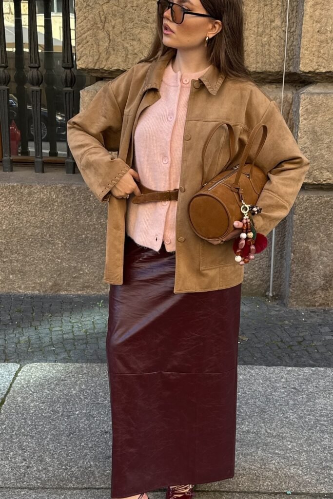 Tan Suede Shirt Jacket + Pink Cardigan + Burgundy Leather Maxi Skirt + Brown Belt Bag