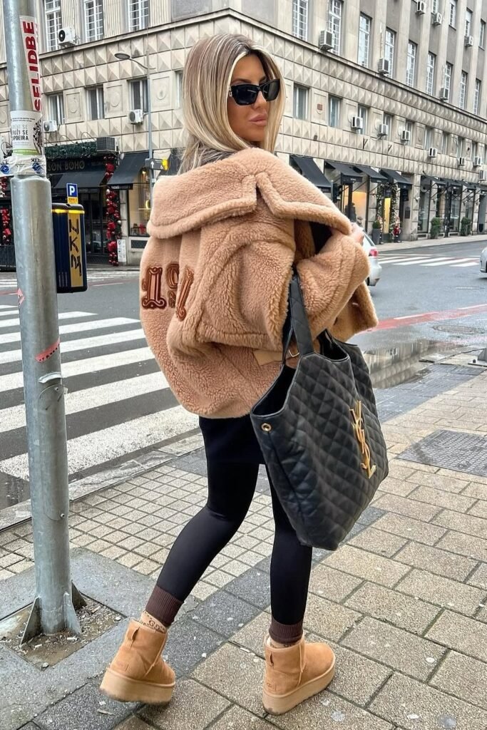 Tan Teddy Fleece Bomber Jacket + Black Leggings + Tan Platform Mini Boots + Black Quilted Tote Bag