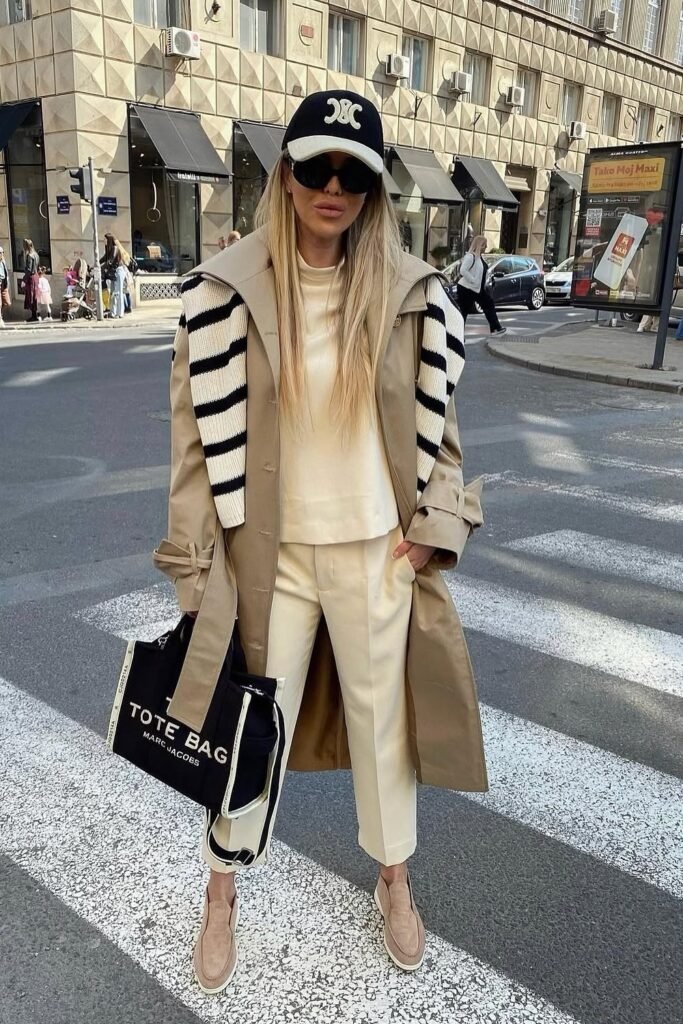 Tan Trench Coat + Cream Turtleneck Top + Cream Cropped Trousers + Black and White Striped Sweater (Worn as a Scarf) + Black Logo Baseball Cap + Black Logo Tote Bag