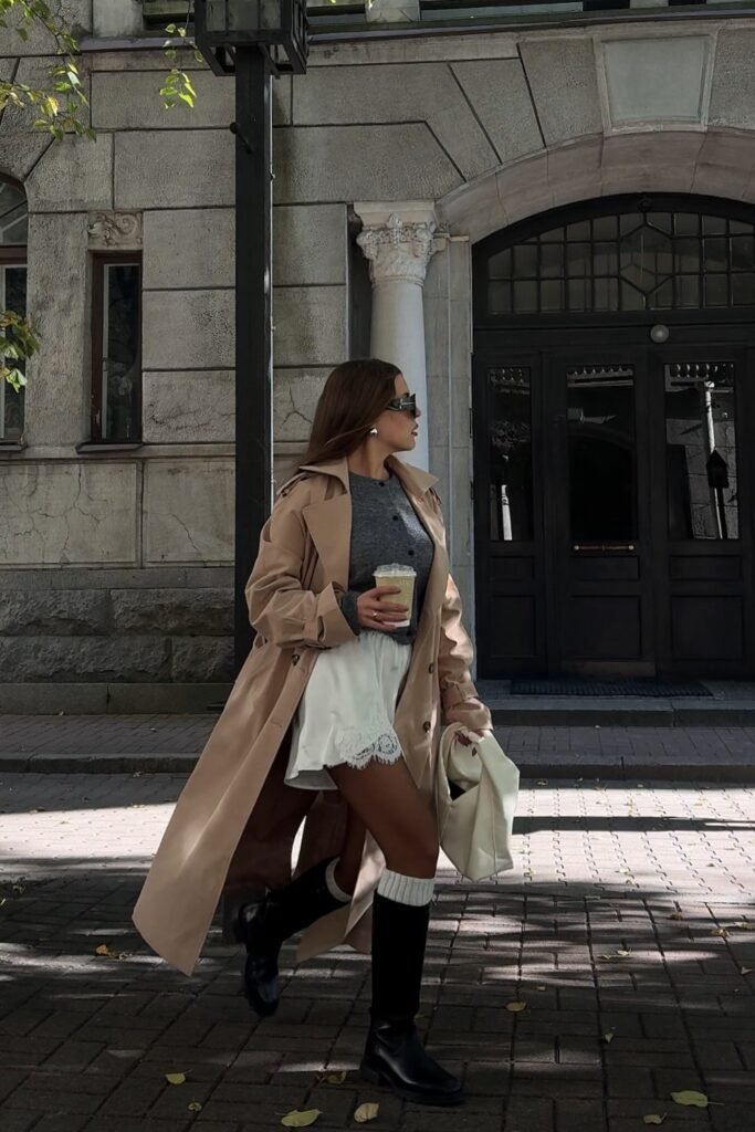Tan Trench Coat + Grey Cardigan + White Lace-Trim Shorts + Black Knee-High Boots with White Socks